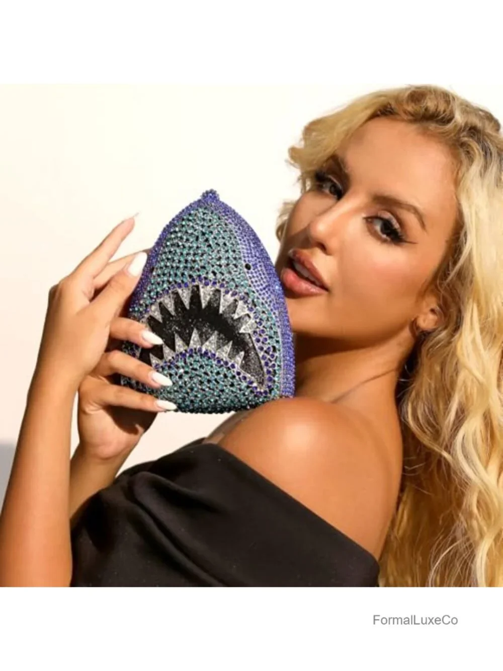 3D Shark Head Shape Crystal Clutch Evening Bag Rhinestone Party Purse
